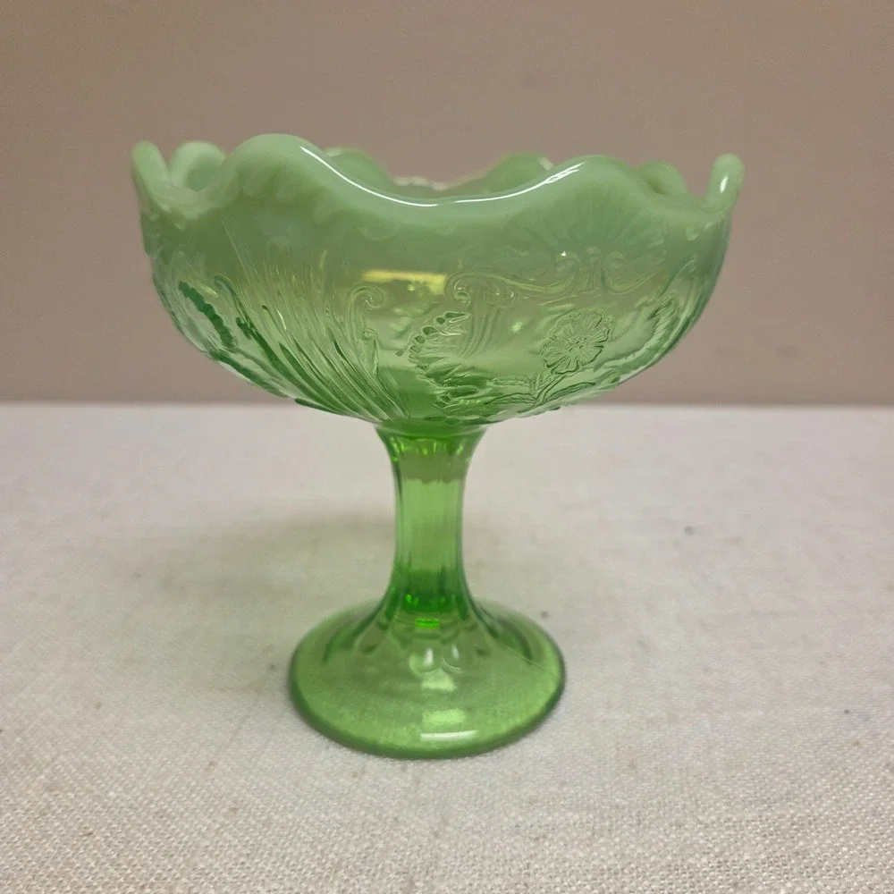 Northwood Green Opalescent Glass Compote Ruffled Floral Candy Dish Pedestal Bowl